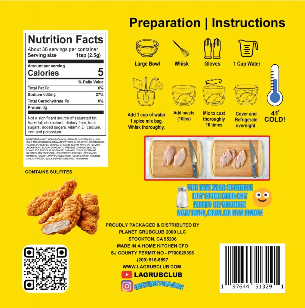 Yellow seasoning packet with prep instructions and chicken